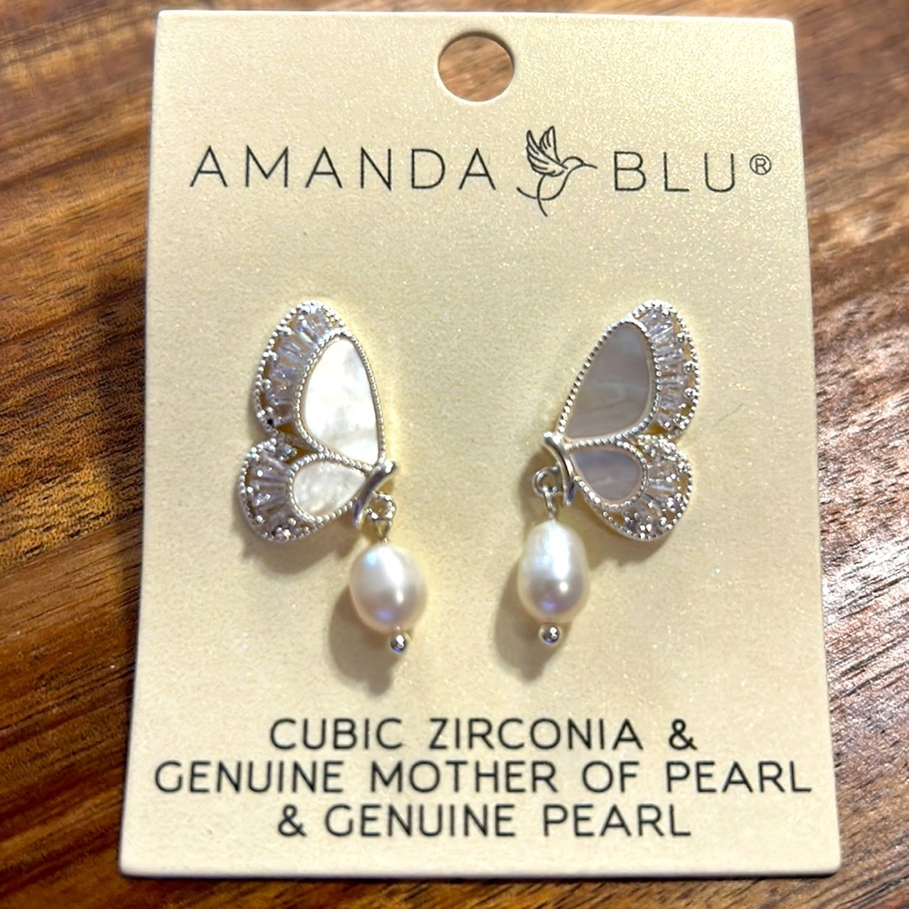 Silver CZ Pearl with Mother of Pearl butterfly earrings